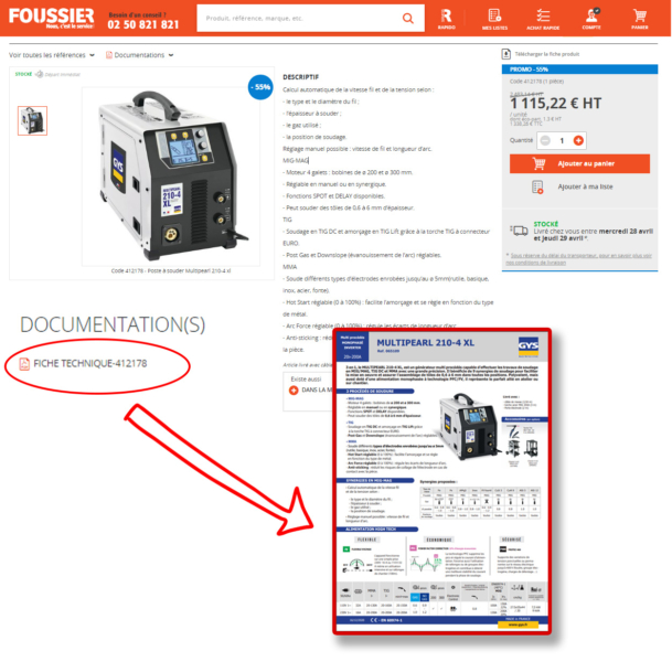 Exemple de fichie produit sur le site d'un fournisseur d'outillage 